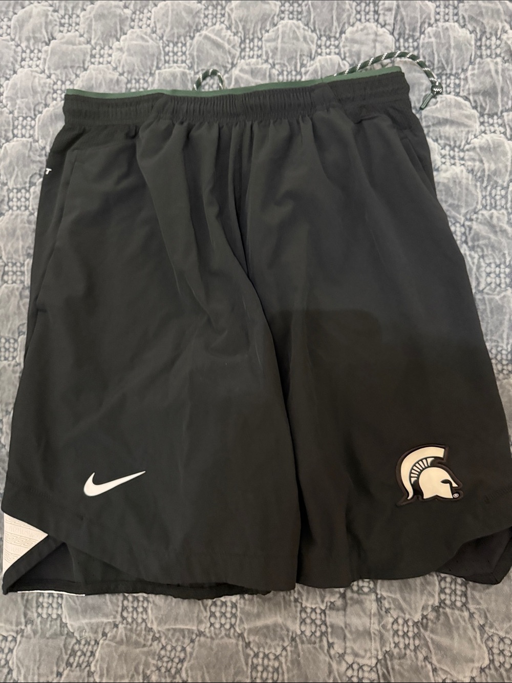 Nike Men’s Black Athletic Shorts with White Swoosh and Spartan Patch - Large